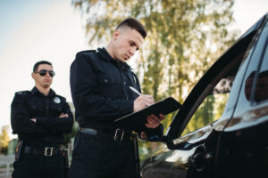 Deux policiers masculins se tenant à côté d'une voiture arrêtée, suggérant la nécessité d'un avocat criminel.